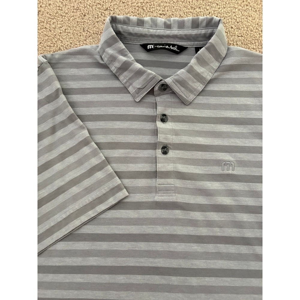 TravisMathew Mens Polo Shirt Size M Grey Striped Short Sleeve Golf Top Logo EUC